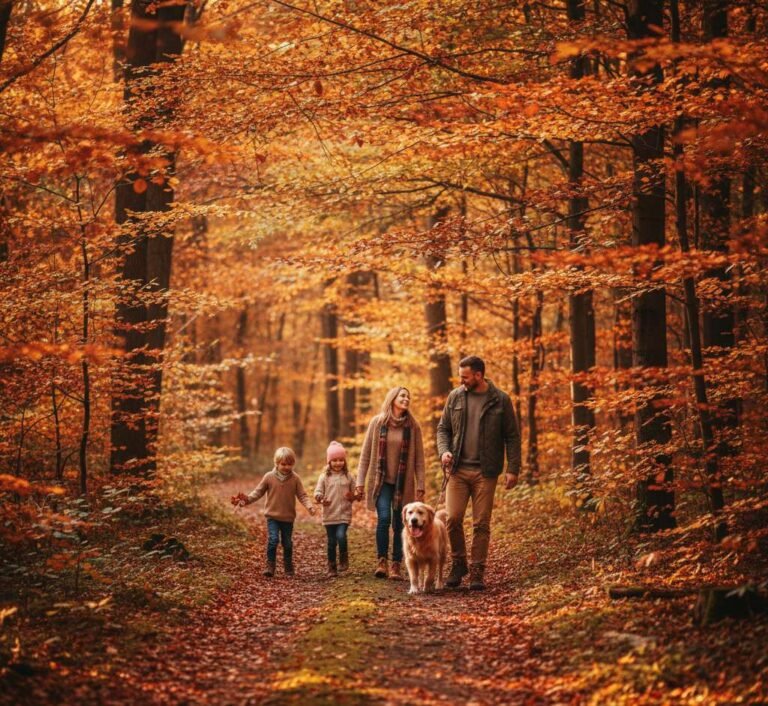 gezin die herfstwandeling maakt