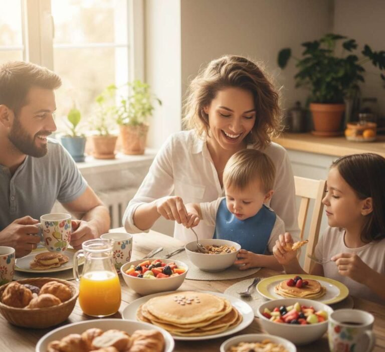 gezin die ontbijt aan tafel