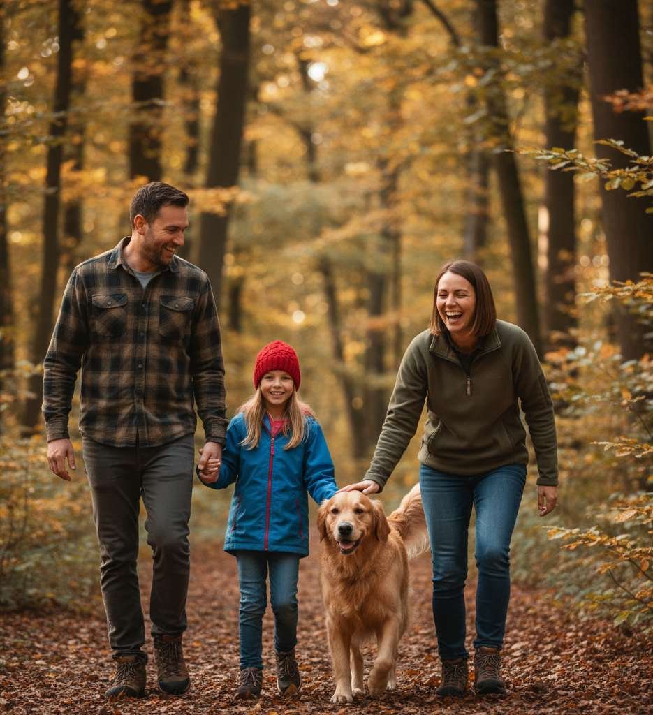 gezin die wandelt in het bos