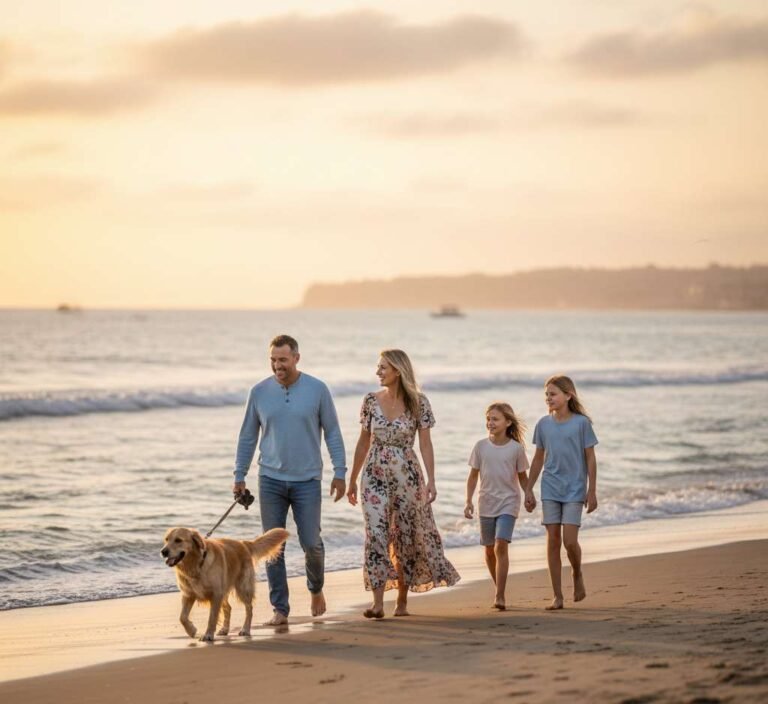 gezin met een hond die wandelt aan het strand