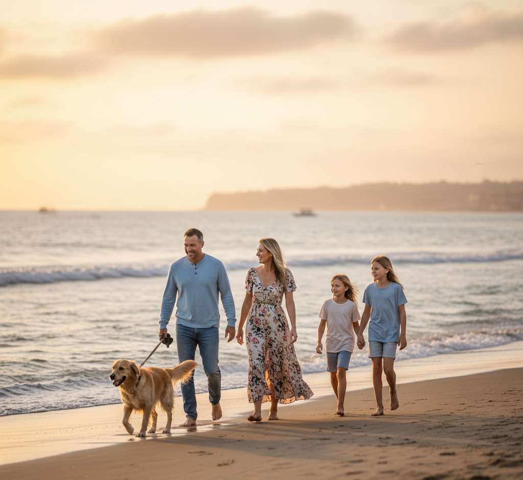 gezin met een hond die wandelt aan het strand