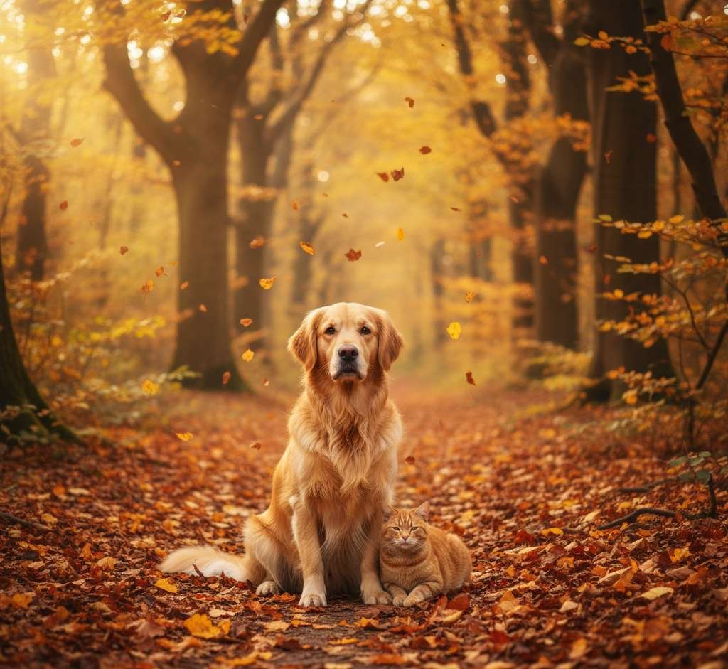 hond en kat in een bos met veel bomen en bladeren