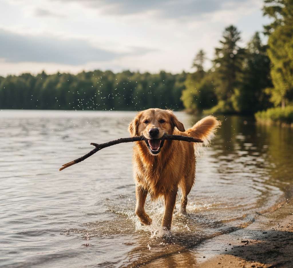 hond met tak in zijn mond