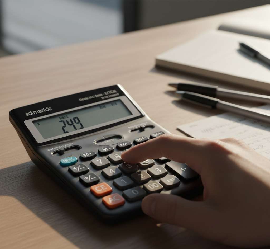 iemand die op zijn rekenmachine rekent