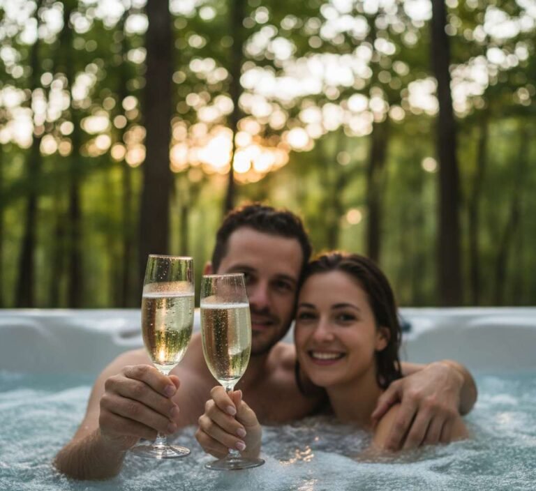 koppel met cava in de hand en in jaccuzi