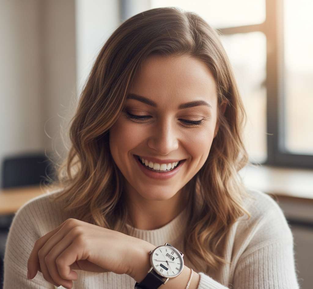 vrouw die naar horloge kijkt
