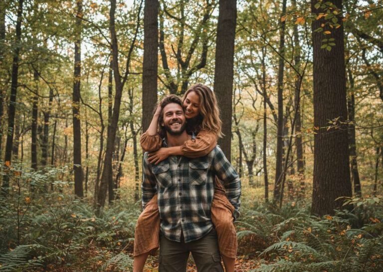 vrouw op rug van man in een bos