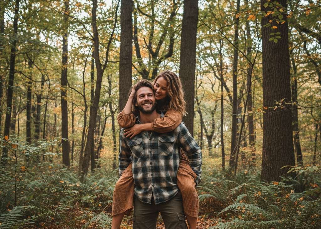 vrouw op rug van man in een bos