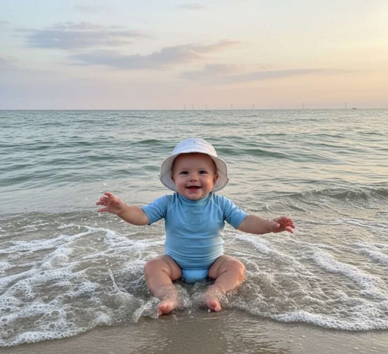baby die speelt in de noordzee
