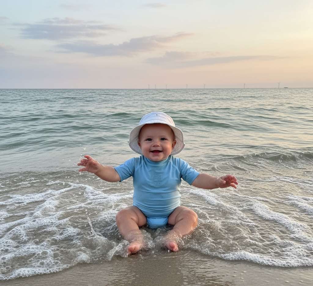 baby die speelt in de noordzee