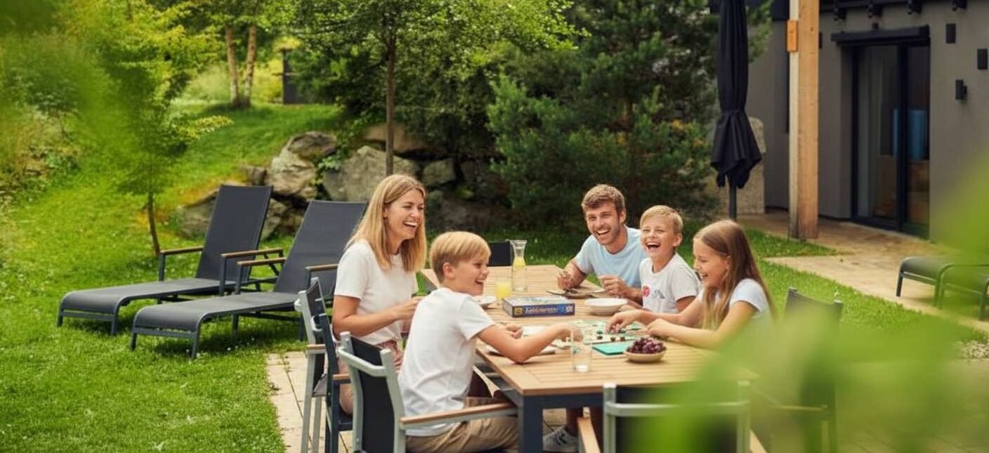 gezin die een spel speelt aan tafel