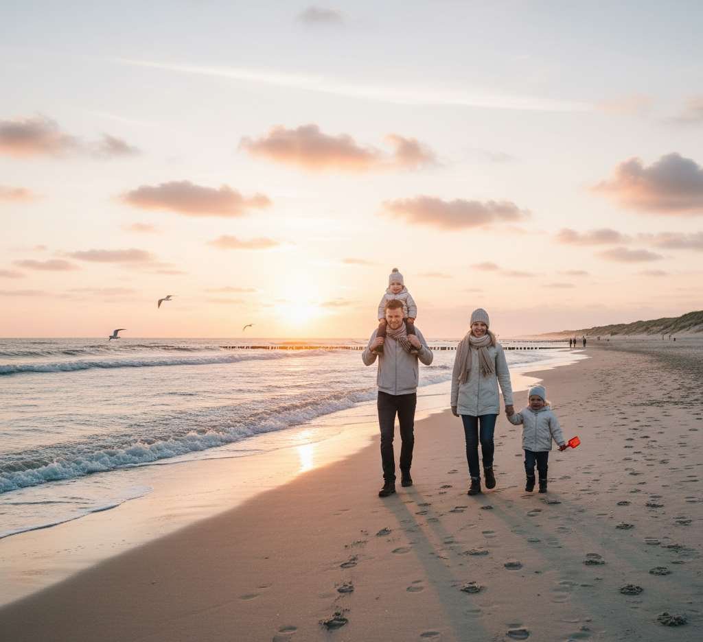 gezin die in de ochtend gezellig wandelt aan de noordzee