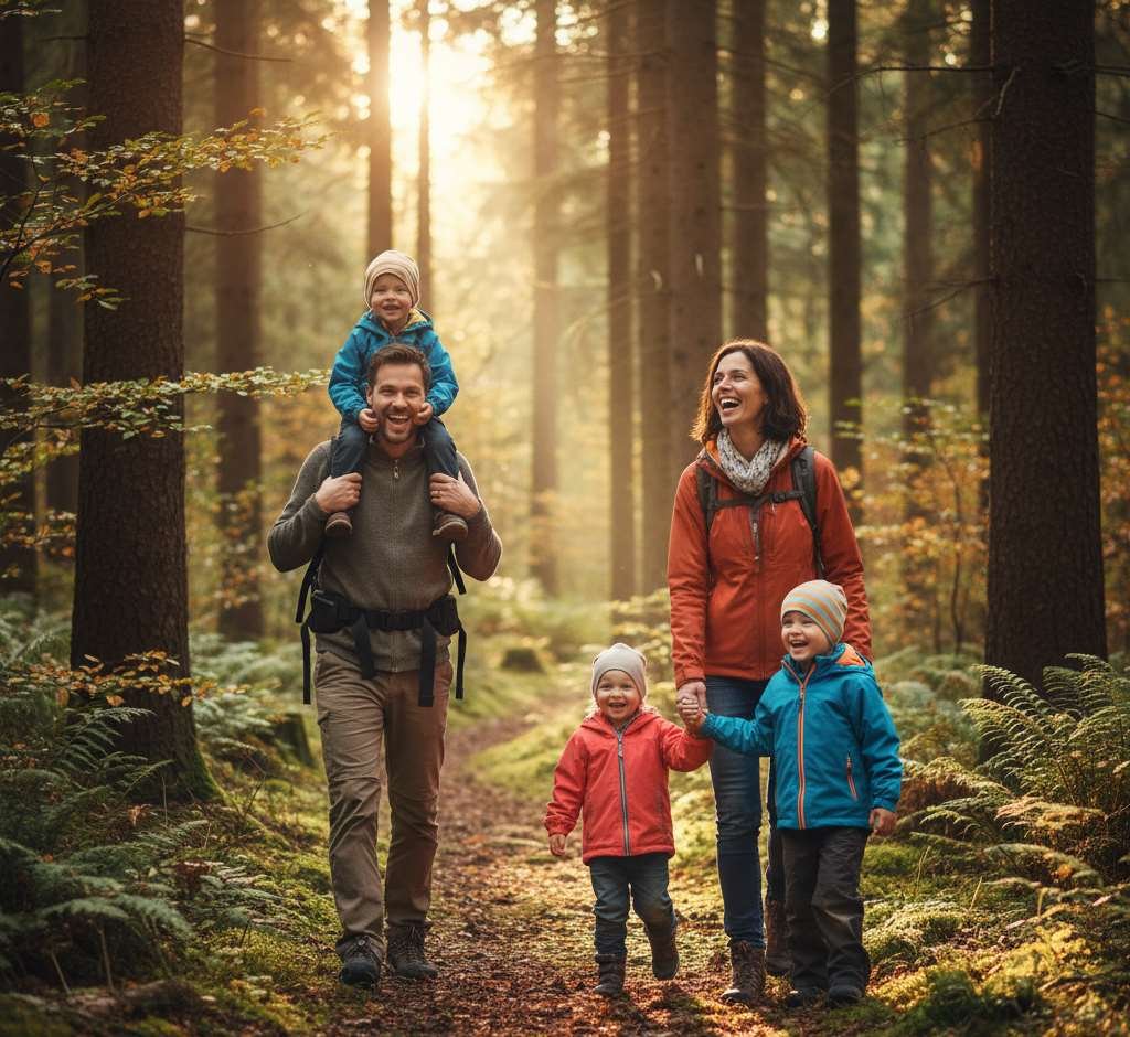 gezin die wandelt in de bossen in een center parcs