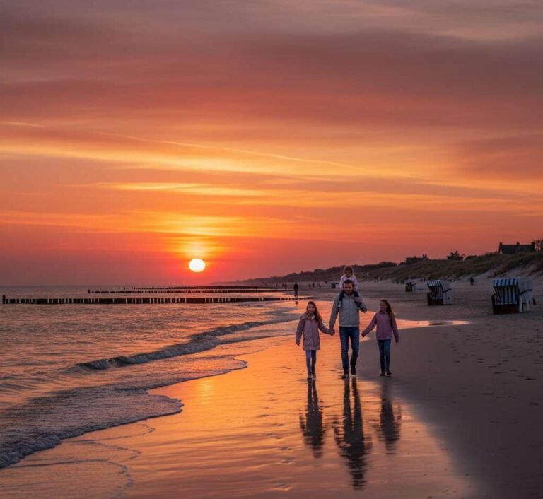 gezin die wandelt op het strand met een zonsonderg