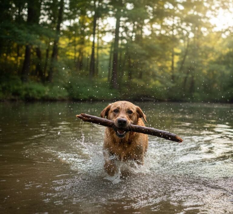 hond die stok uit water haalt