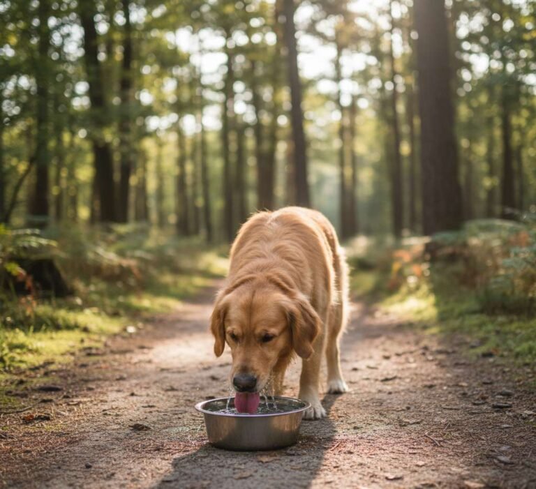hond drinkt uit drinkbak in het bos