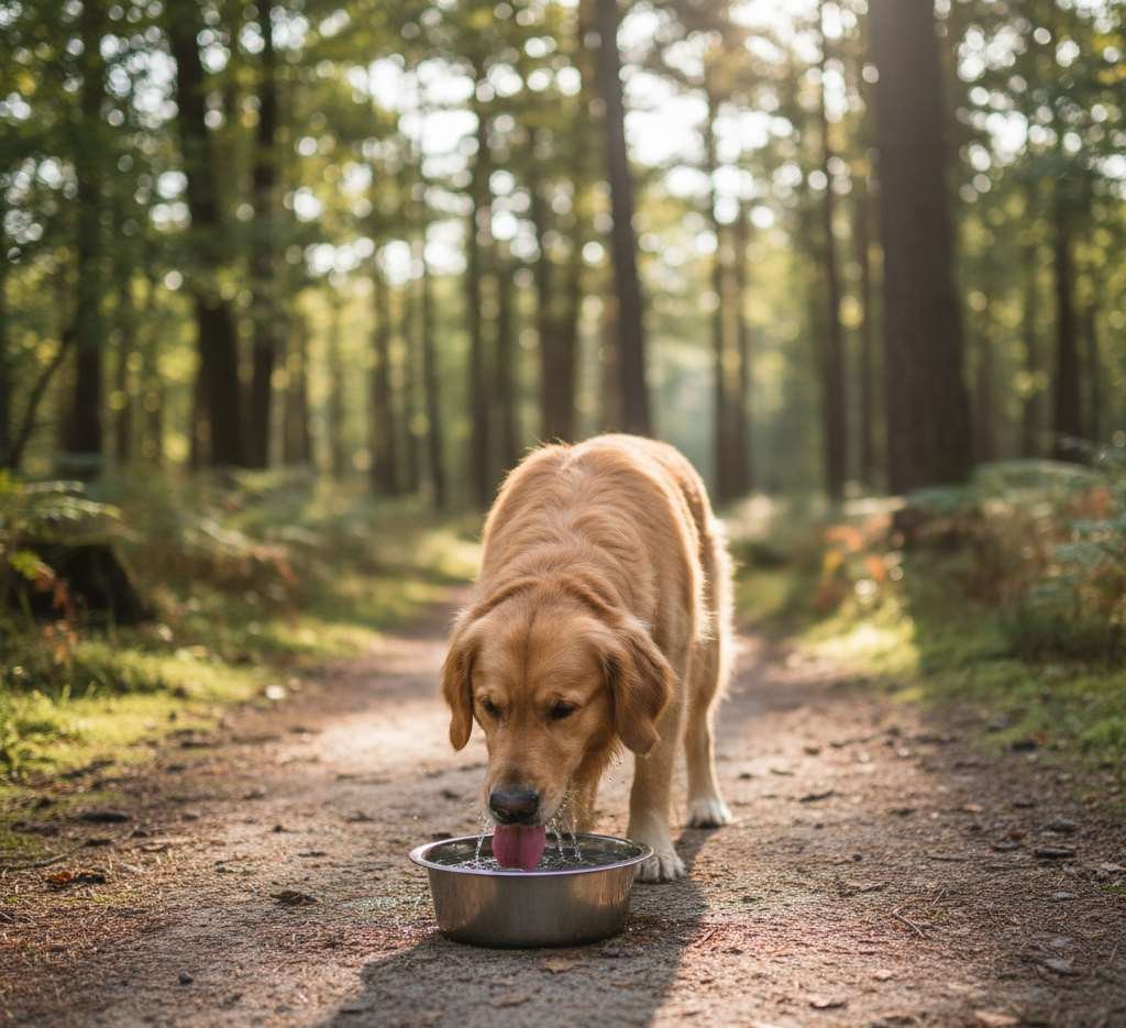 hond drinkt uit drinkbak in het bos