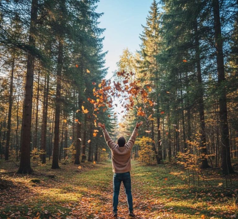 kind die met bladeren gooit