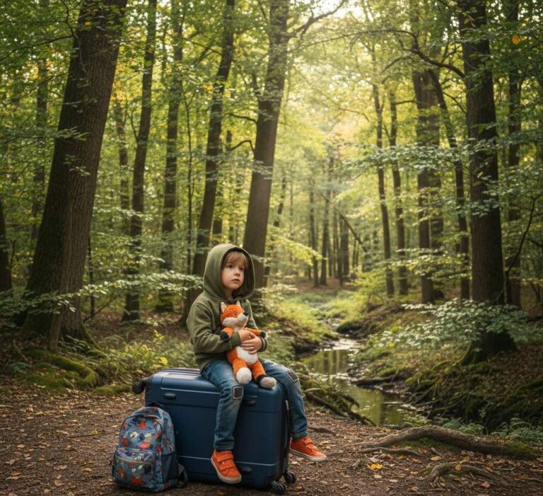 kind op reiskoffer in bos