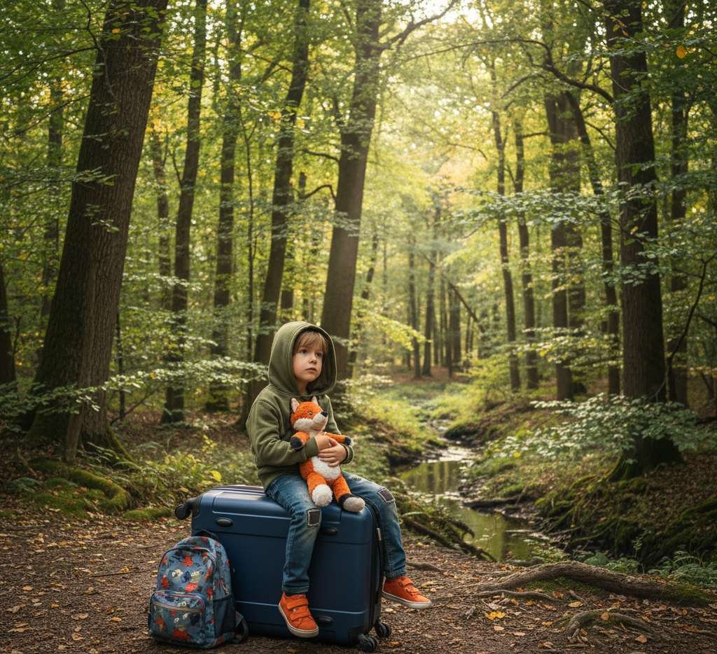 kind op reiskoffer in bos