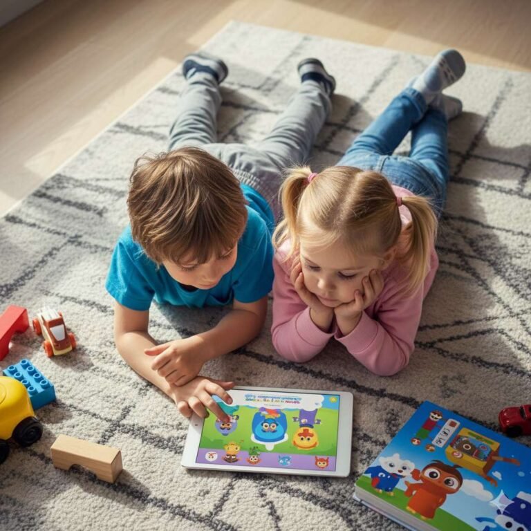 kinderen die naar tablet kijken op vakantie