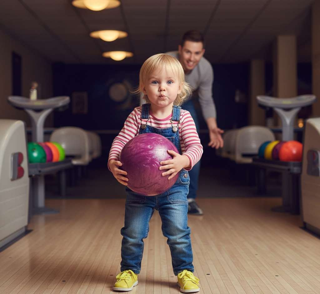meisje met bowlingbal in de hand die ze moeilijk kan dragen