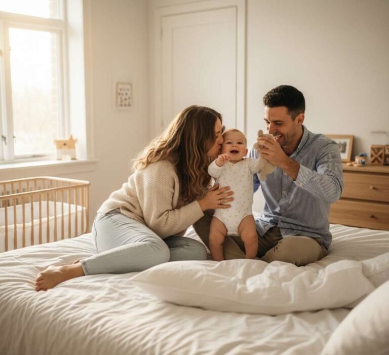 ouders spelen met baby in bed