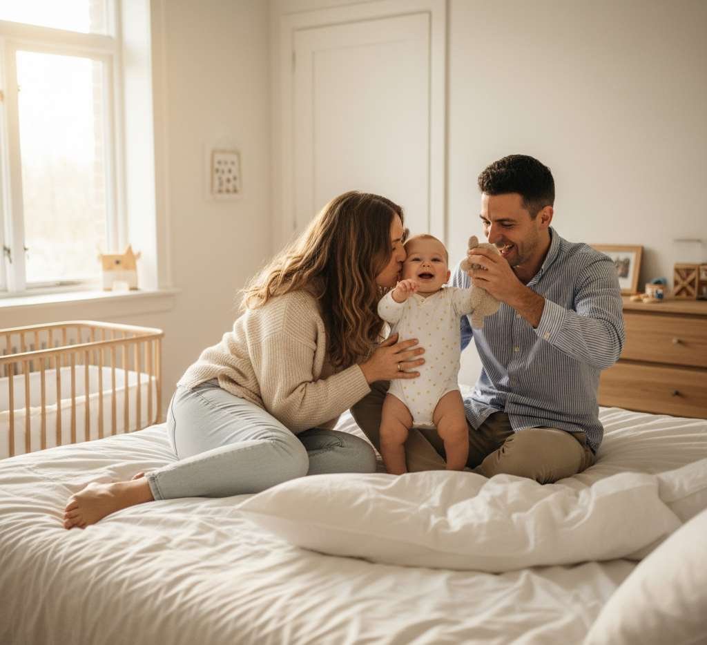 ouders spelen met baby in bed