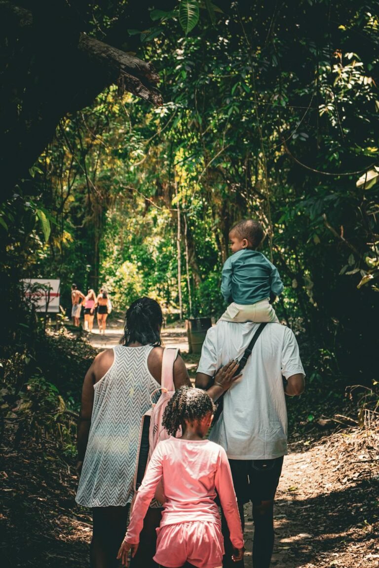 Gezin wandelt door een groen bospad in België