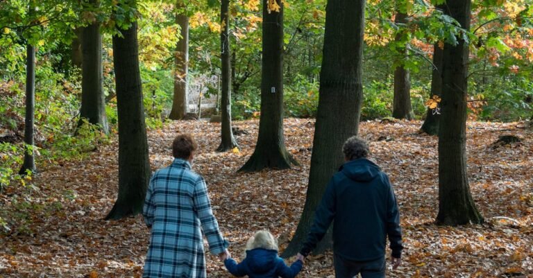 Gezin loopt door een herfstig bos op zoek naar het beste Center Parcs in Europa