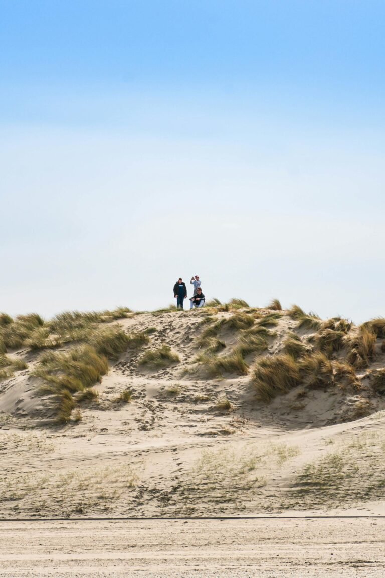 Gezin wandelt op duinen langs Noordzeestrand bij Strandpark Duynhille in Ouddorp