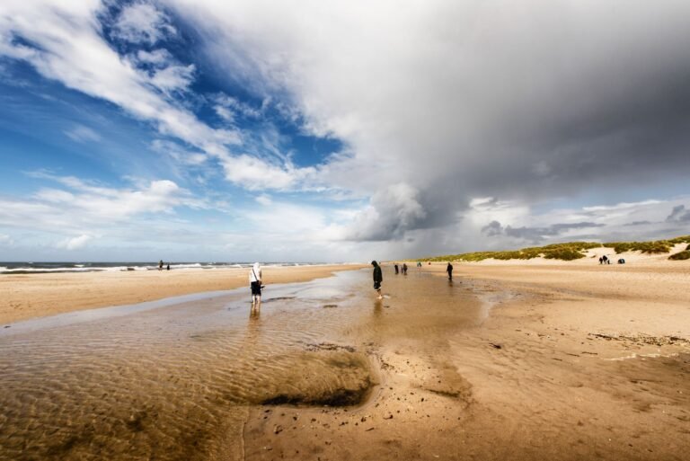 Noordzeestrand met duinen en wandelaars bij Roompot Beach Resort Nieuwvliet-Bad