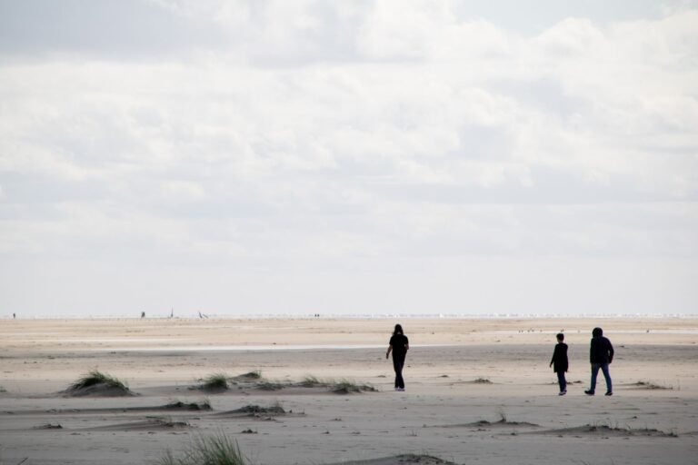 Gezin wandelt over het strand aan de Noordzee bij een vakantiepark aan de Belgische kust