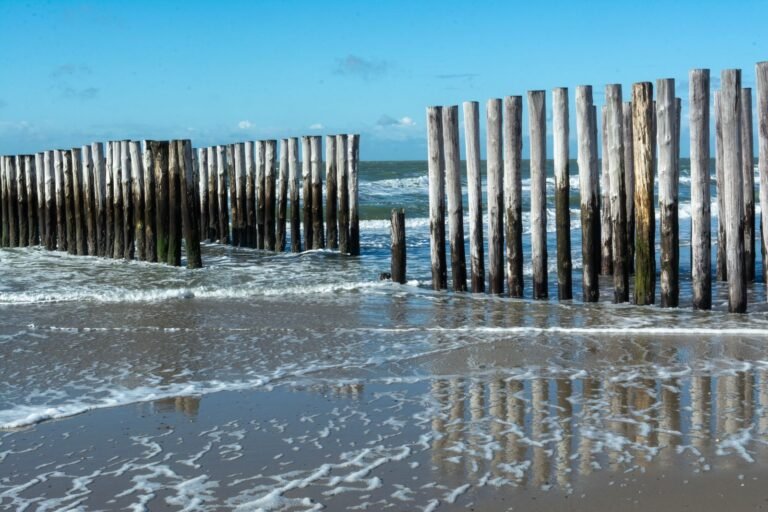 Zeeuwse kust met houten palen onder een helder blauwe lucht, sfeer rond Beach Resort Kamperland