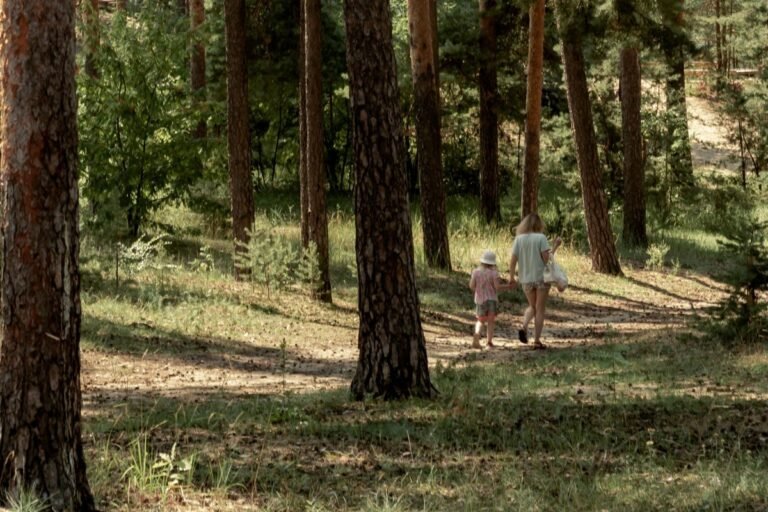 Kinderen wandelen hand in hand door het bos bij Center Parcs Limburgse Peel