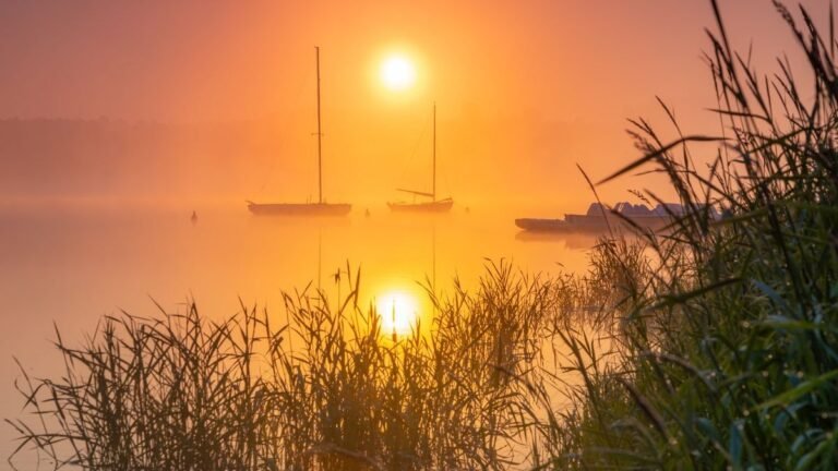 Roompot Waterpark Zwartkruis: zonsopkomst boven een Fries meer met zeilboten en riet