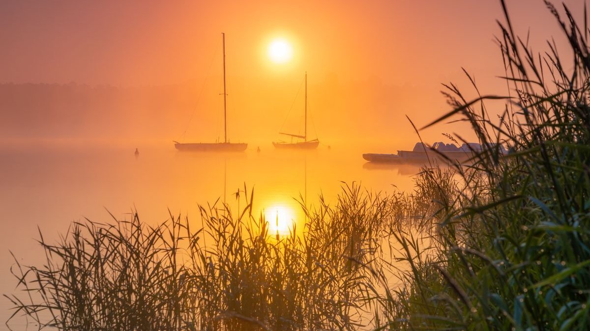 Roompot Waterpark Zwartkruis: zonsopkomst boven een Fries meer met zeilboten en riet